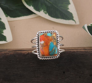Bague en argent sterling 925 faite à la main avec incrustation d'huître épineuse et turquoise Boho Vintage bijoux de déclaration pour femmes - Product Image 2