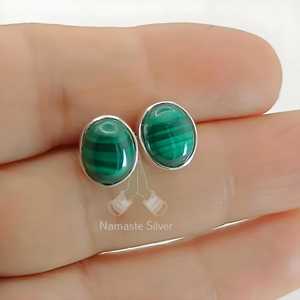 Handmade Oval Malachite Earrings, <b>Sterling</b> <b>Silver</b> <b>Studs</b>, Birthstone Jewelry - Product Image 1