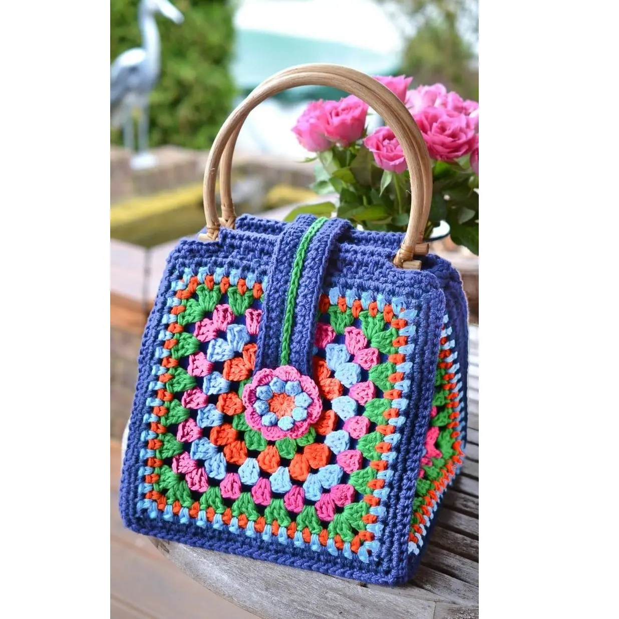 Kaufen Sie Crochet Square Handtasche Sommer Einkaufstasche Granny Square Bag Crochet Geldbörse mit Griff für den täglichen Freizeit-und Büro gebrauch