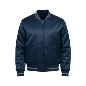 Chaqueta Bomber Azul Marino de Satén con Cuello a Rayas - Product Image 1