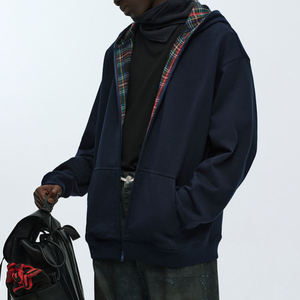 Chaqueta a cuadros con cremallera personalizada para hombre, sudaderas con cremallera de doble capa a rayas de peso pesado, de franela reversible - Product Image 6