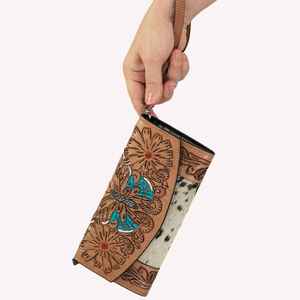 Cartera de mano de piel de vaca hecha a mano occidental con diseño de mariposa y relieve floral para mujer - Product Image 2