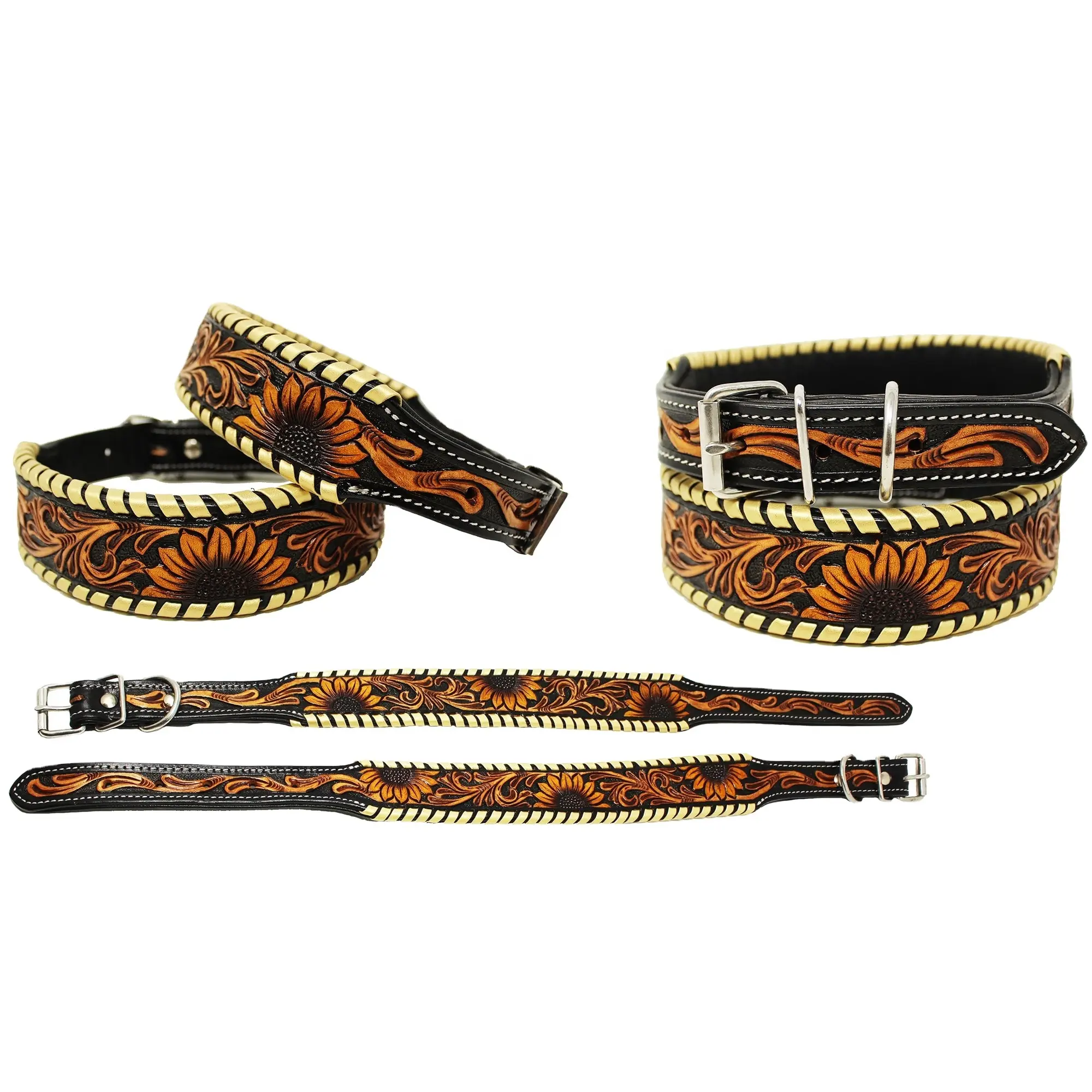 High Quality Leather Soft Padded Dog Collars With Sunflower Hand Tooled Design Size Available For Pet Dog Uses Low Prices