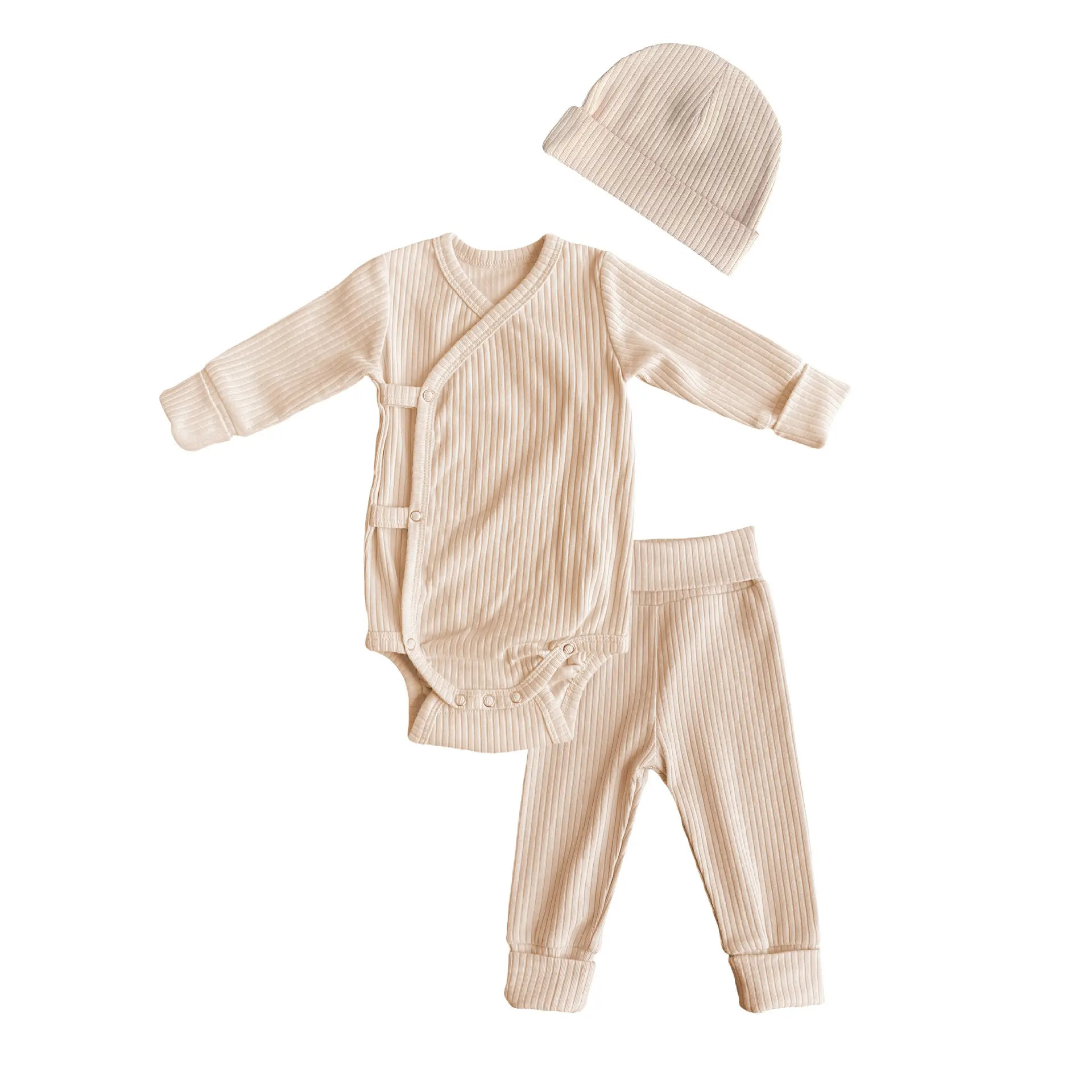 Op Maat Gemaakte Logo Baby Pasgeboren Baby Jongen Meisje Kleding Effen Kleur Romper Jumpsuit Unisex 3 Stuks Romper Broek En Hoed Outfit