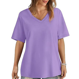 Venta al por mayor de camisetas de manga corta de Color púrpura de verano para mujer, decoración bordada, lona transpirable, estilo con cuello en V - Product Image 2