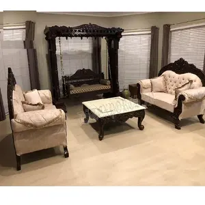 独特的客厅概念秋千带沙发套装传统手工雕刻客厅家具仿古胡桃木饰面秋千