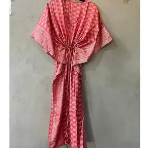 Indiase Zijden Sari Kaftan Kimonos Handgemaakte Dames Bikini Cover Up Gewaden-Strandkleding Jurk