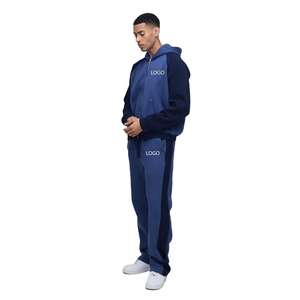 Conjunto Deportivo Unisex Azul Marino de 500GSM, 100% Algodón, Grueso y Pesado, Forrado de Felpa, con Bloques de Color, Sudadera con Capucha y Pantalones Deportivos, Servicio OEM - Product Image 4