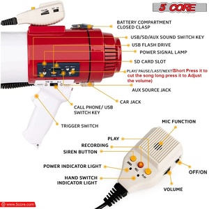 Mégaphone professionnel 5 cœurs 60W avec cornet de signalisation, portée de 1200 yards, sirène puissante et amplificateur vocal - Product Image 6