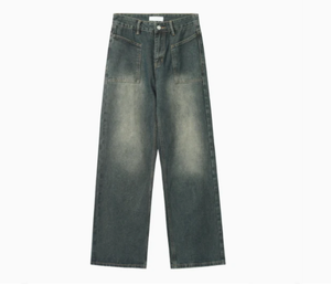 Color negro con efecto de bigotes Denim estilo vaquero holgado con 5 bolsillos Ajuste Recto pantalones vaqueros sueltos de gran tamaño para hombres - Product Image 2