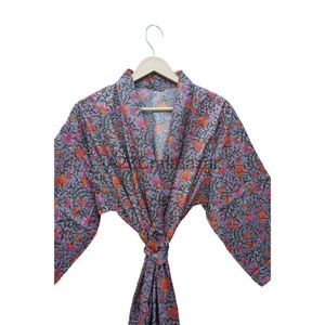 Kimono lungo in cotone con stampa floreale a mano Kimono da donna leggero alla moda - Product Image 3