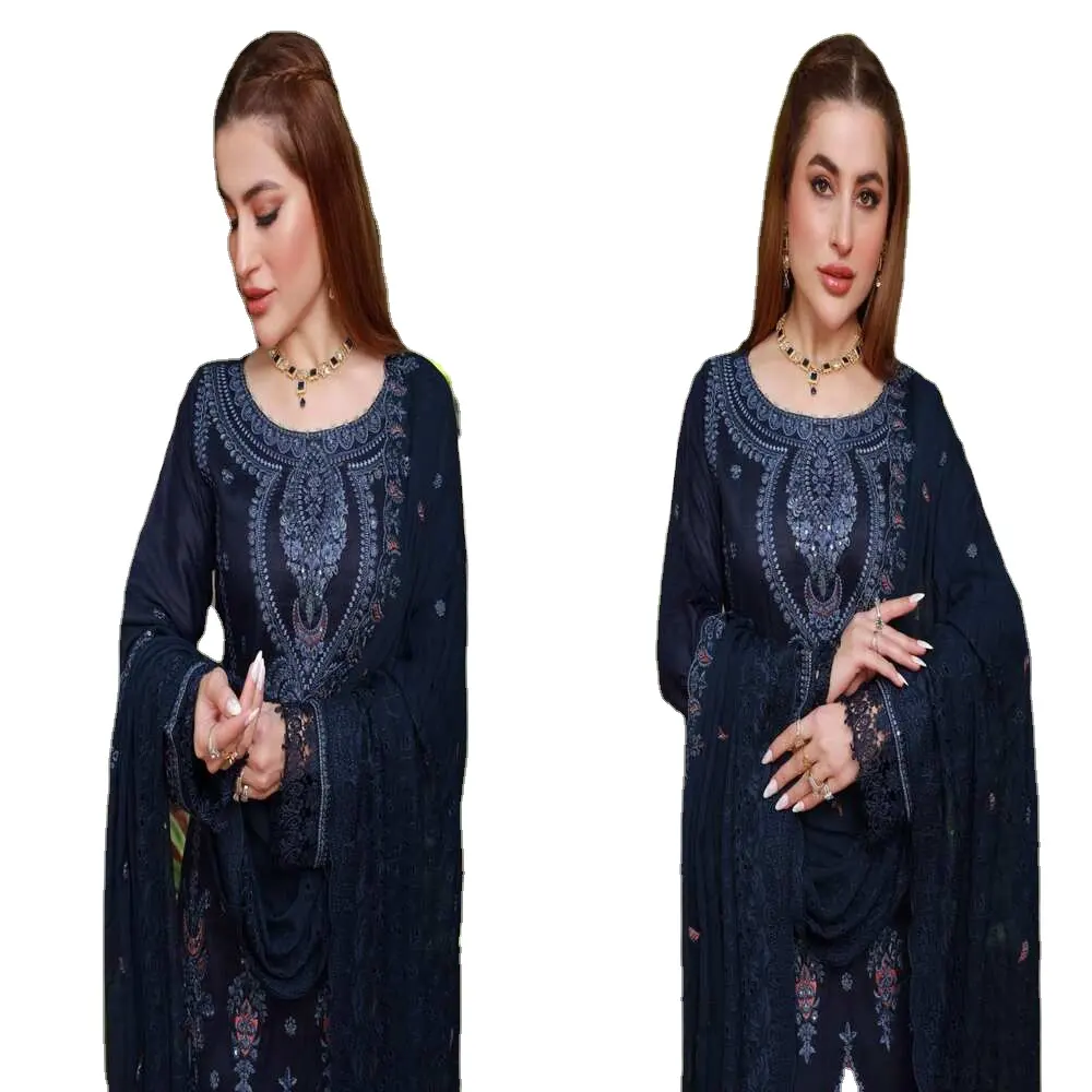 Gaun mewah memakai harga grosir wanita Pakistan dan India baju rumput berkualitas tinggi 3 potong dengan celana katun