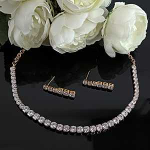 Indian Manufacture Jewellery Silver Stone Trendy Round CZ Crystal Choker Necklace <b>Bridal</b> Wedding Indian <b>Earring</b> For Women, Gold - Product Image 2