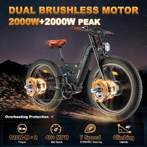 4000W doppio motore Ebike 40 + MPH 12V 70Ah alluminio freno a disco 12 velocità AWD elettrico Mountain Bike per adulti 24 "pneumatico grasso - Product Image 2