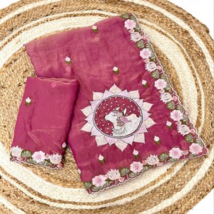 Sari VASTRA COTTAGE de Tela de Musgo Puro, Sari de Diseño con Bordado Floral de Primera Calidad con Blusa para Bodas y Fiestas - Product Image 3