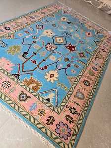 Haute qualité noué à la main rose-bleu Oushak Design tapis persan laine tapis turc ensembles de tapis pour salon tailles 5x7 - Product Image 2