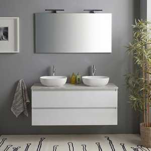 Meuble de salle de bain suspendu blanc brillant de 100 cm avec miroir en béton et lampe Benaco - Product Image 1