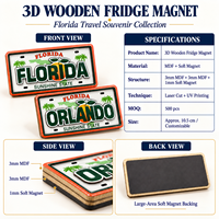 Magnet Kulkas Pelat Nomor Kendaraan Orlando Florida Kustom, Dua Lapis, 3D, Kayu MDF, Suvenir, Hadiah Wisatawan, Grosir