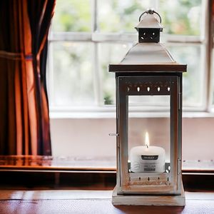 Classic <b>Silver</b> Hanging <b>Lantern</b> Glass Iron Design with Stand for Pillar Candle for Home Decor Christmas Festivities Weddings - Product Image 4