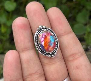 Lunette ovale faite à la main en argent Sterling rose Dahlia Turquoise Kingman Turquoise Bague de mariage en forme d'huître épineuse Cadeau de Noël - Product Image 2