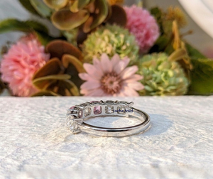 Solid 14K White Gold Pink White Moissanite Seven Stone Minimalist Cushion Wedding Band Stackable Anniversary Promise Gift Ring - Product Image 6