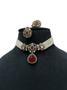 Juego de Gargantilla Polki Kundan chapada en oro mate con pendientes a juego Joyería de moda chapada en oro - Product Image 2