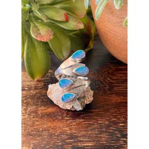 Mark Barney Blue Opal <b>Man</b>-Made & Sterling <b>Silver</b> Adjustable <b>Ring</b> Rose Gold Plated Bezel Setting - Product Image 1