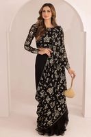 Ağır sahte Georgette kadın tasarımcı Saree takım siyah şık Pleats taklidi nakış el yapımı pakistan Salwar Kameez