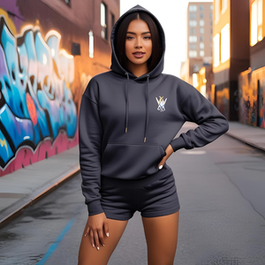 Pull-over 2 pièces personnalisé pour femmes, sweat à capuche zippé et pantalon long, short, motif solide, saison d'hiver, impression numérique pour logo - Product Image 2