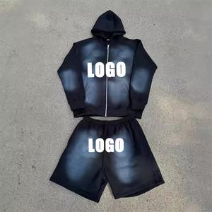 Sudaderas con capucha personalizadas al por mayor, chándales con cremallera, pantalones cortos para correr y sudadera, conjunto recortado de sudadera desteñida al sol, Conjunto de sudadera de lavado para hombres - Product Image 2