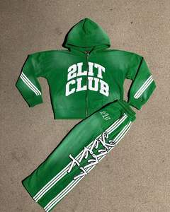 Aplique de 350 GSM bordado con rayas en las mangas y los pantalones Conjunto de pantalones de chándal acampanados y Sudadera con capucha Traje de sudor lavado con ácido - Product Image 4