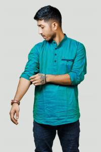 Excelente calidad Proveedor indio Vintage Casual Mezcla de algodón verde Camisas de manga larga Cuello de botón Cremallera Primavera Impreso - Product Image 2