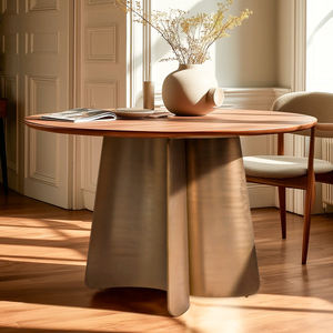Mesa de Comedor de Diseño Moderno con Cubierta Redonda de Acacia Maciza y Base de Metal Natural con Acabado Dorado para Cocina, Hogar y Restaurante - Product Image 1