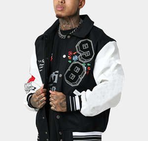 Custom Embroidered Patched Logo Canvas Stand Collar <b>Mens</b> Varsity <b>Baseball</b> <b>Jacket</b> Leather Sleeves Wholesale <b>Jacket</b> - Product Image 1