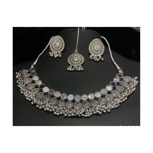 Exportación clásica alemana plata oxidada ligero collar pendiente conjunto ajustable enlace cadena Tika mujer moda piedra - Product Image 2