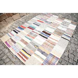 พรมวินเทจขนาด 5.5x7.5 ฟุต พรมปะติดปะต่อ พรมขอบสีเบจ ทำจากขนสัตว์ - Product Image 3