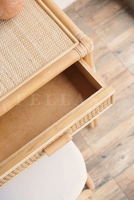 Table de toilette en rotin et bois massif écologique faite à la main avec miroir et tabouret – Ensemble coiffeuse minimaliste pour chambre, salon ou hôtel