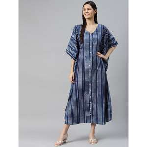 Divena Azul Rayas Kaftan Vestido Mano Bloque Impreso Casual Formal Hasta la rodilla Tallas grandes XS con mangas abullonadas Talla única - Product Image 5