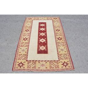 Alfombra turca Vintage 39X61 pies Beige y Rojo Diseño de retazos Tejido plano Lana PP Material para decoraciones de sala de estar - Product Image 1