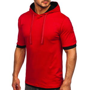 T-shirt à manches courtes pour homme, rouge, à capuche, coupe ajustée, avec bordure contrastante, style décontracté, tricoté, couleur unie, teinture unie - Product Image 3
