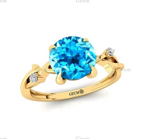 Topacio azul suizo, ajuste de tres puntas de piedra, oro rosa de 14K y oro sólido de 18K, anillo de compromiso de boda, piedra de nacimiento de diciembre - Product Image 5