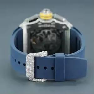 Montre automatique de luxe haut de gamme avec diamants blancs de laboratoire, cadran en verre, bracelet en silicone bleu, cadeau pour homme et femme - Product Image 2