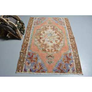 Alfombra de lana turca Vintage 2022 naranja azul patrón de retazos de gran tamaño 3,8 'X 8,9' látex de tejido plano para decoraciones de sala de estar" - Product Image 1