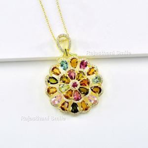 Colgante Fino de Plata de Ley 925 con Turmalina Natural Multicolor y Circonita Cúbica, Chapado en Oro de 14K, Piedra Preciosa de Corte Mixto, Tamaño 6 x 4 mm, Ideal para Regalo - Product Image 4