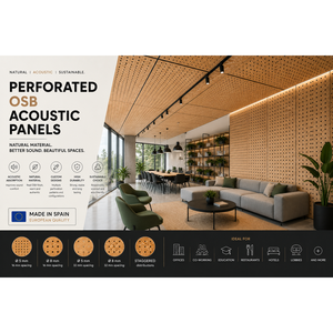 Panneaux acoustiques en bois OSB architecturaux pour la conception d'intérieurs commerciaux, placage perforé décalé de 5 mm à 16 mm pour entrepôts et halls - Product Image 1