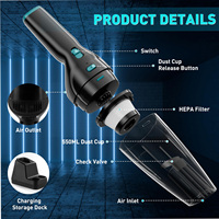 Aspirateur de voiture sans fil portable, puissance d'aspiration de 100 W, conception avec batterie rechargeable de 2000 mAh*2
