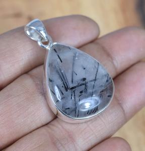 Pendentif design fait main pour femme en argent sterling 925 pierre précieuse noir rutile Style vintage bijoux fins pendentifs et breloques - Product Image 1