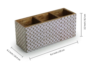 Geometric Tales Stationery & Cutlery Holder 3 Partitions Mango Wood Handcrafted Wooden Utensil Caddy Countertop Cutlery Holder - Product Image 6