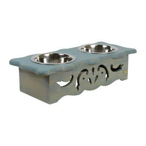 Bols surélevés en acier inoxydable en bois d'acacia lavé bleu Station d'alimentation et d'eau pour animaux de compagnie Mangeoire pour chiens et chats Bols et mangeoires surélevés - Product Image 1