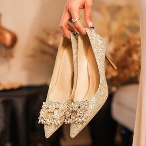 <b>Champagne</b> Crystal Bridal High <b>Heels</b>, Comfortable Rhinestone Two-way Wedding Shoes for Xiuhe Dress - Product Image 1